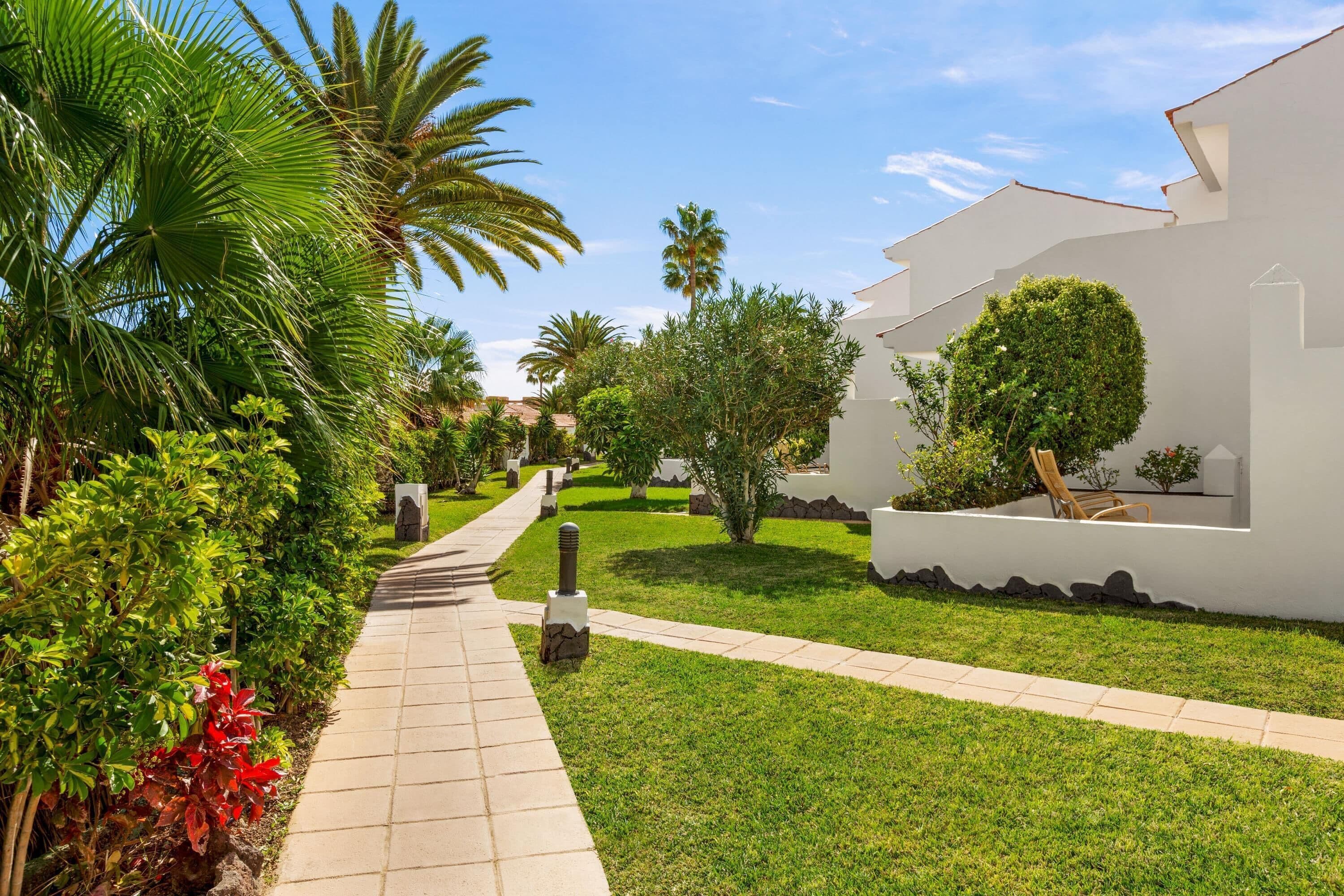 A pathway leading to a white building with a garden area featuring palm trees and shrubs.