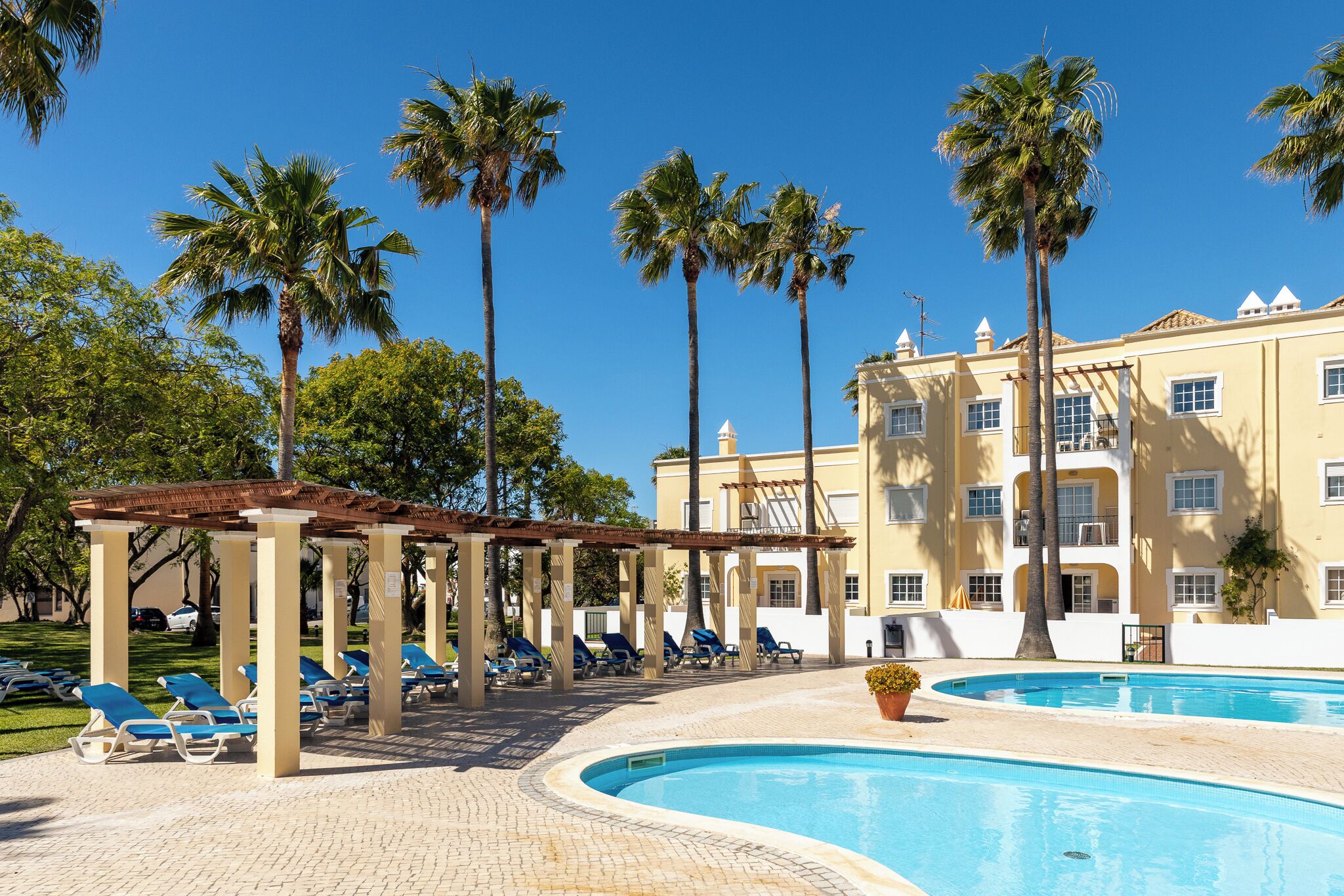 Un área de piscina con sillones reclinables, palmeras y un edificio con balcones.