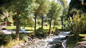 A river flowing through a wooded area with a car parked nearby. - Hotel Sucarà (La Cortinada)