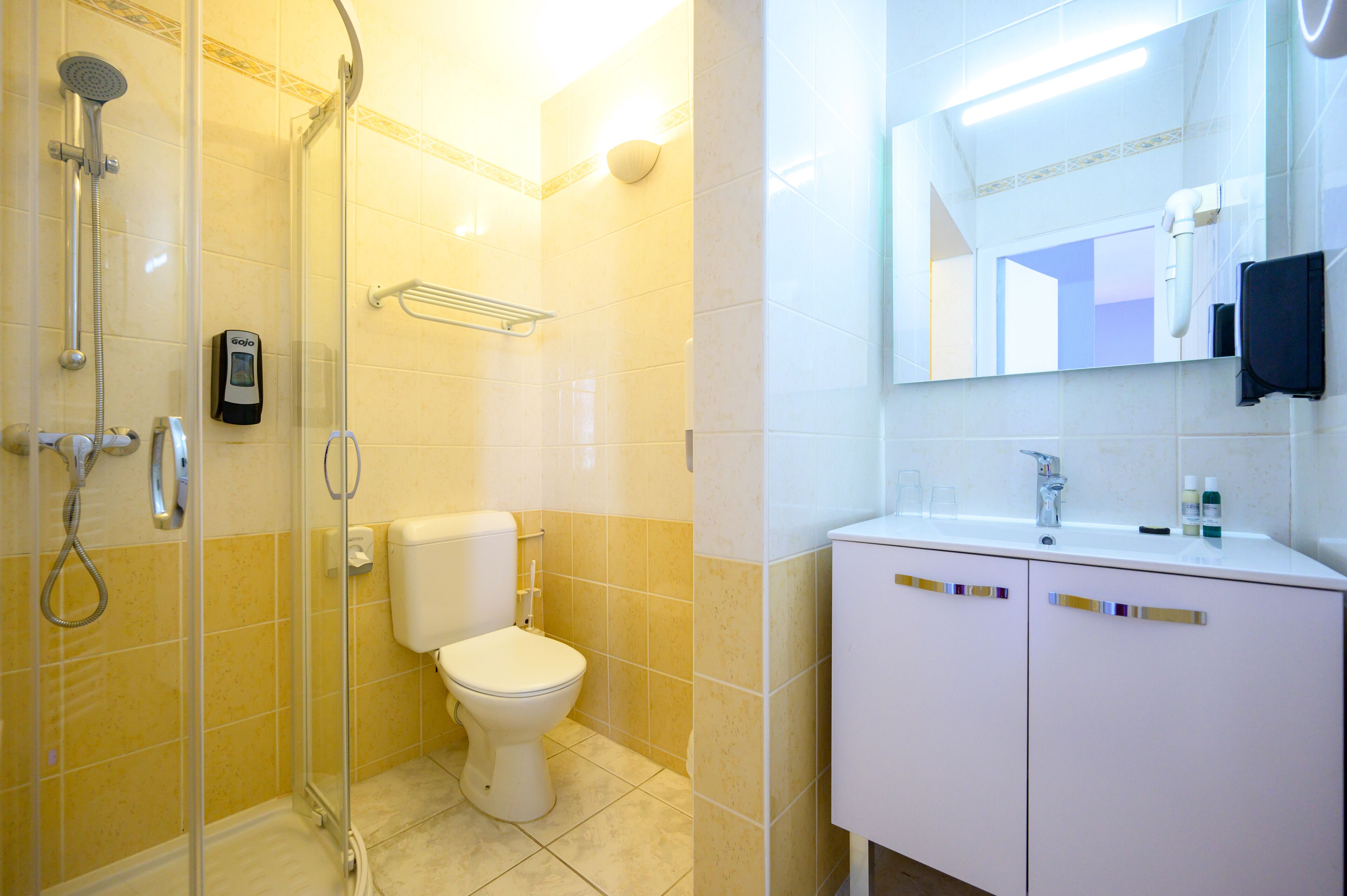 A bathroom with a glass-enclosed shower, a toilet, and a sink with a mirror above it.