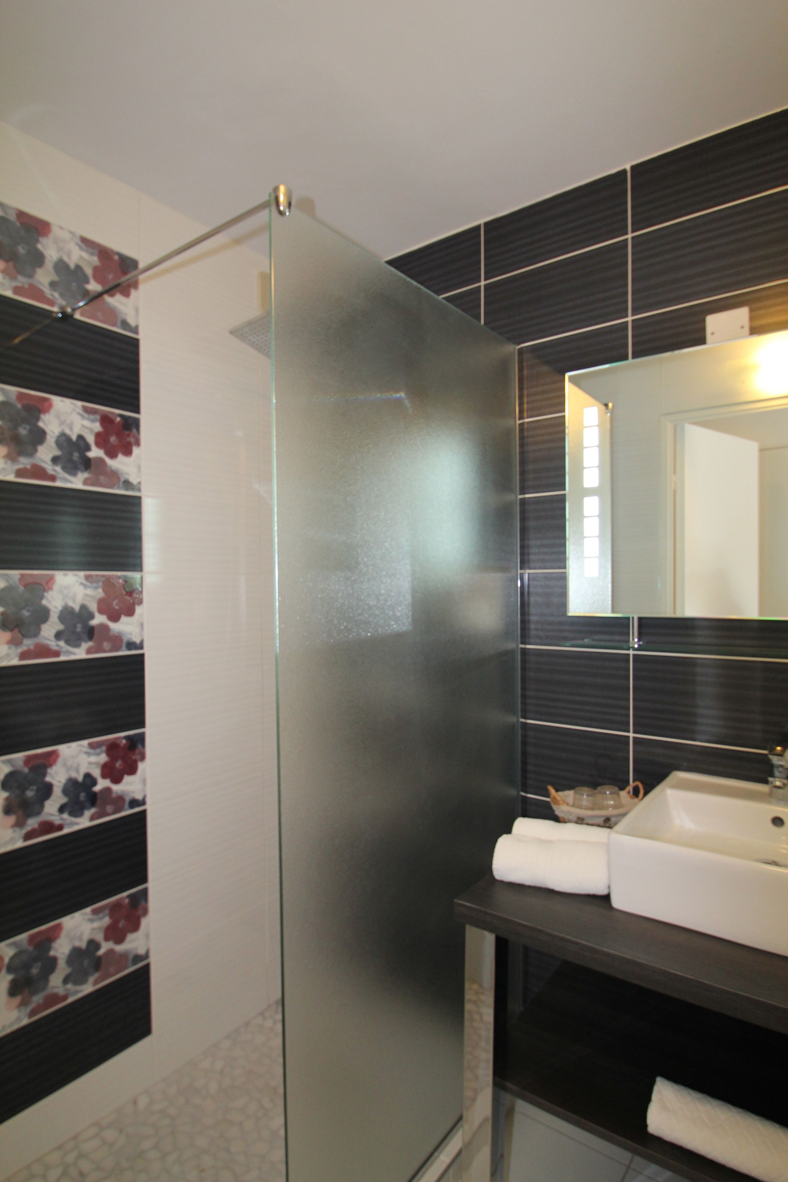 A modern bathroom with a glass shower enclosure, a white sink, and a mirror above it.