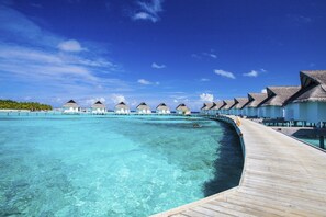 Un muelle de madera que conduce a bungalows sobre el agua, con aguas turquesas cristalinas.