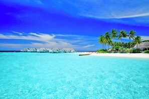 Una playa tropical con bungalows sobre el agua, aguas turquesas cristalinas y palmeras.