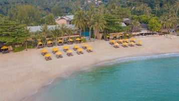 An aerial view of a beach with rows of sun loungers and umbrellas, a sandy shore, and buildings in the background.