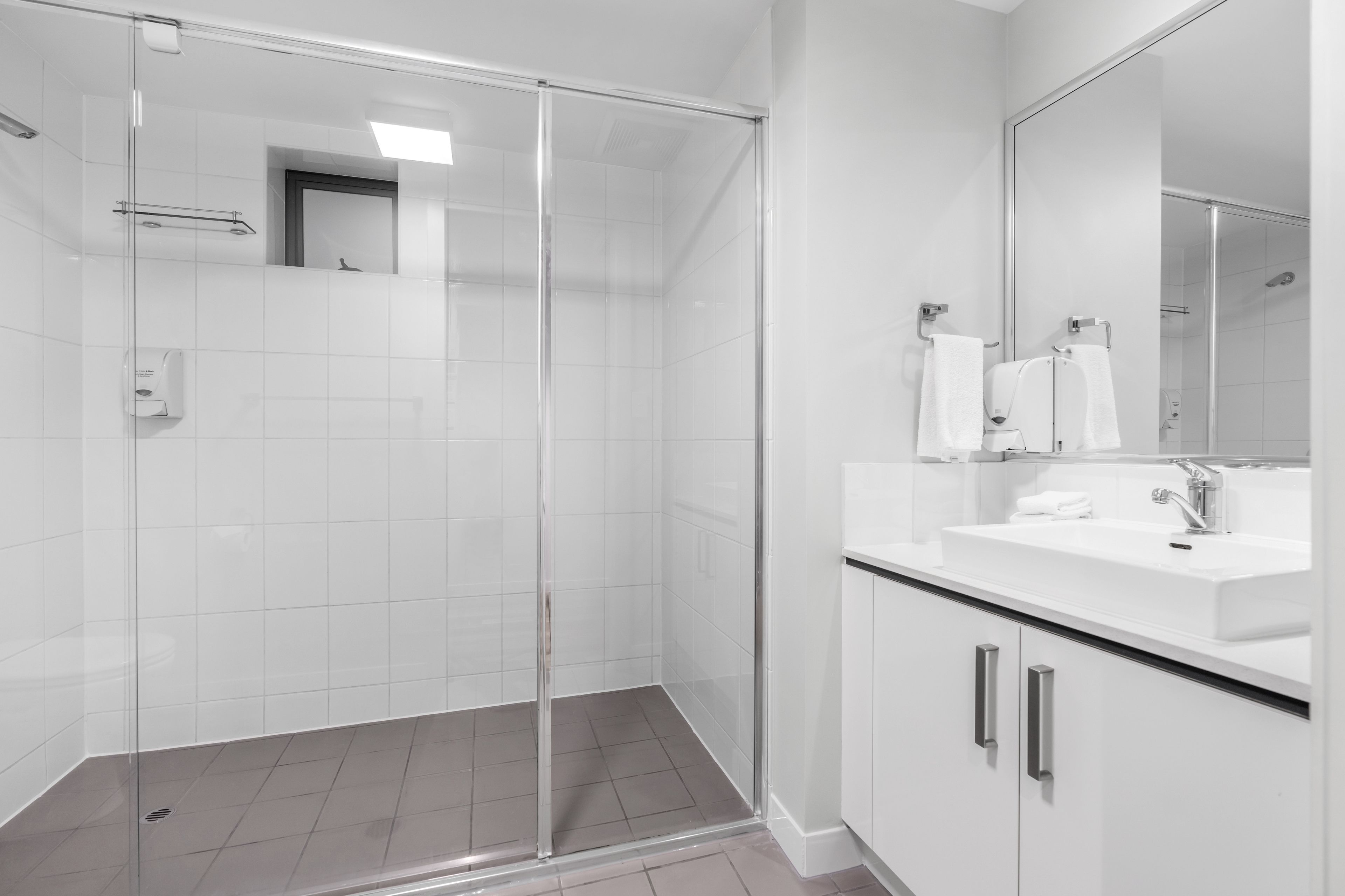A modern bathroom with a glass shower enclosure, a white sink, and a large mirror.