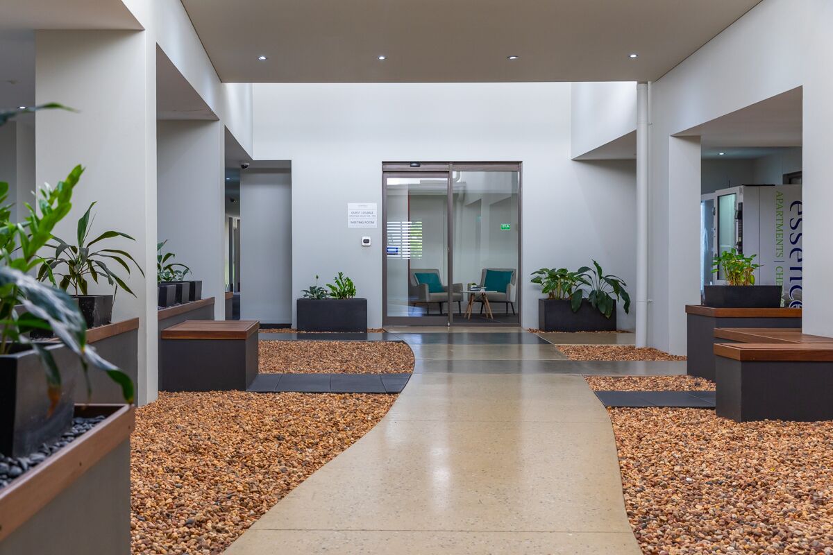 Un vestíbul modern amb un camí central, zones d'seure i plantes en testos.
