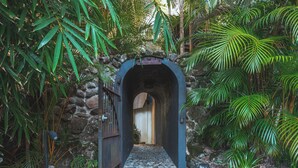 A stone archway leading to a pathway surrounded by lush greenery and a stone wall. - The Garden Burees (Byron Bay)