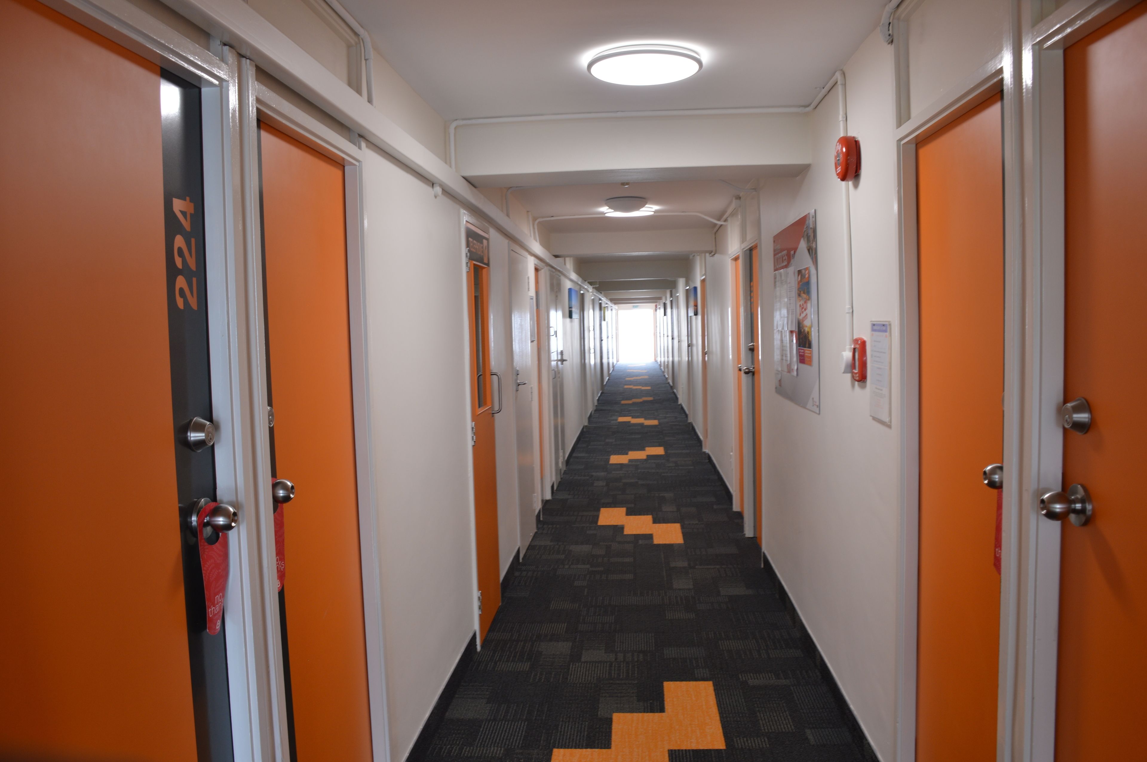 Corredor de hotel com portas laranja, número 224, e carpete estampado.