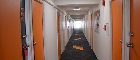 Pasillo de hotel con puertas anaranjadas, número 224, y una alfombra estampada.