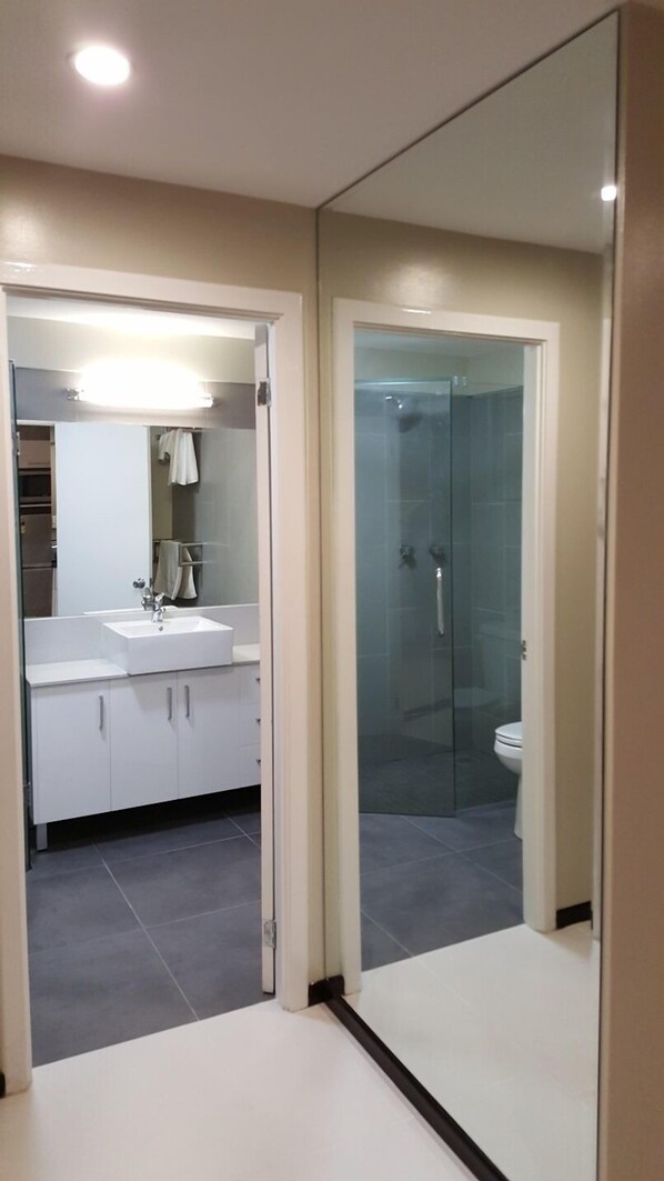 A modern bathroom with a glass shower enclosure, a white sink, and a mirror.