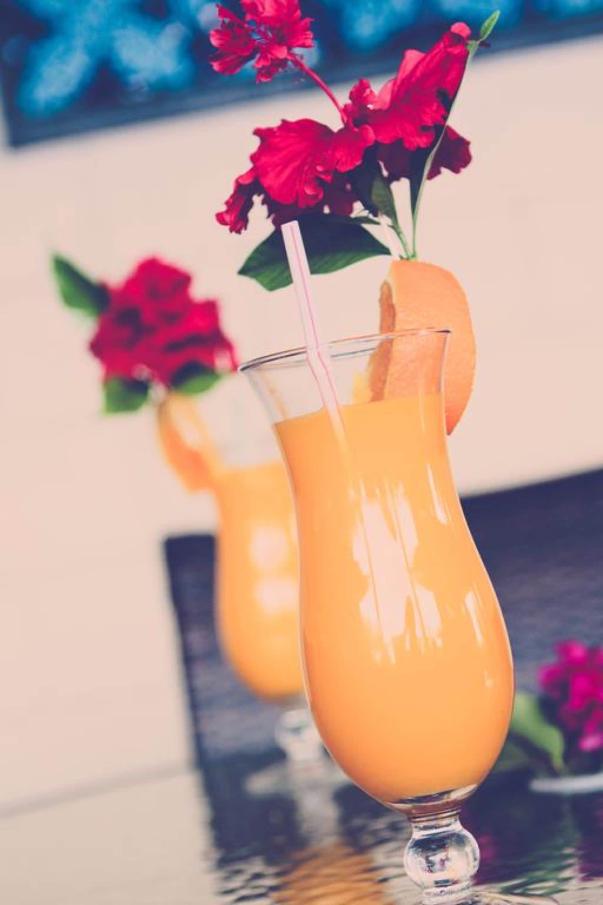 A glass of orange juice with a slice of orange and red flowers on the rim.