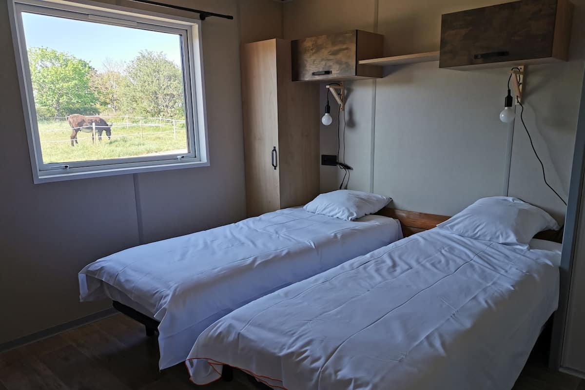 Quarto com duas camas, uma janela com vista para uma vaca e um armário de madeira.