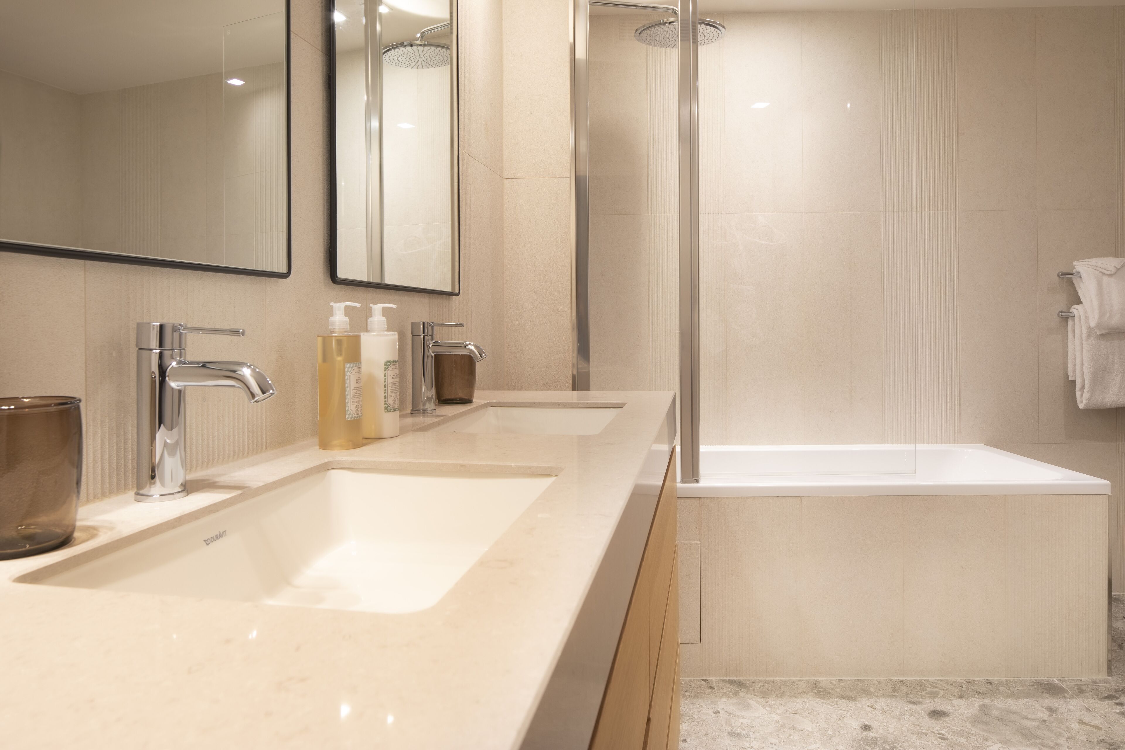 shower, rainfall showerhead, designer toiletries, hair dryer