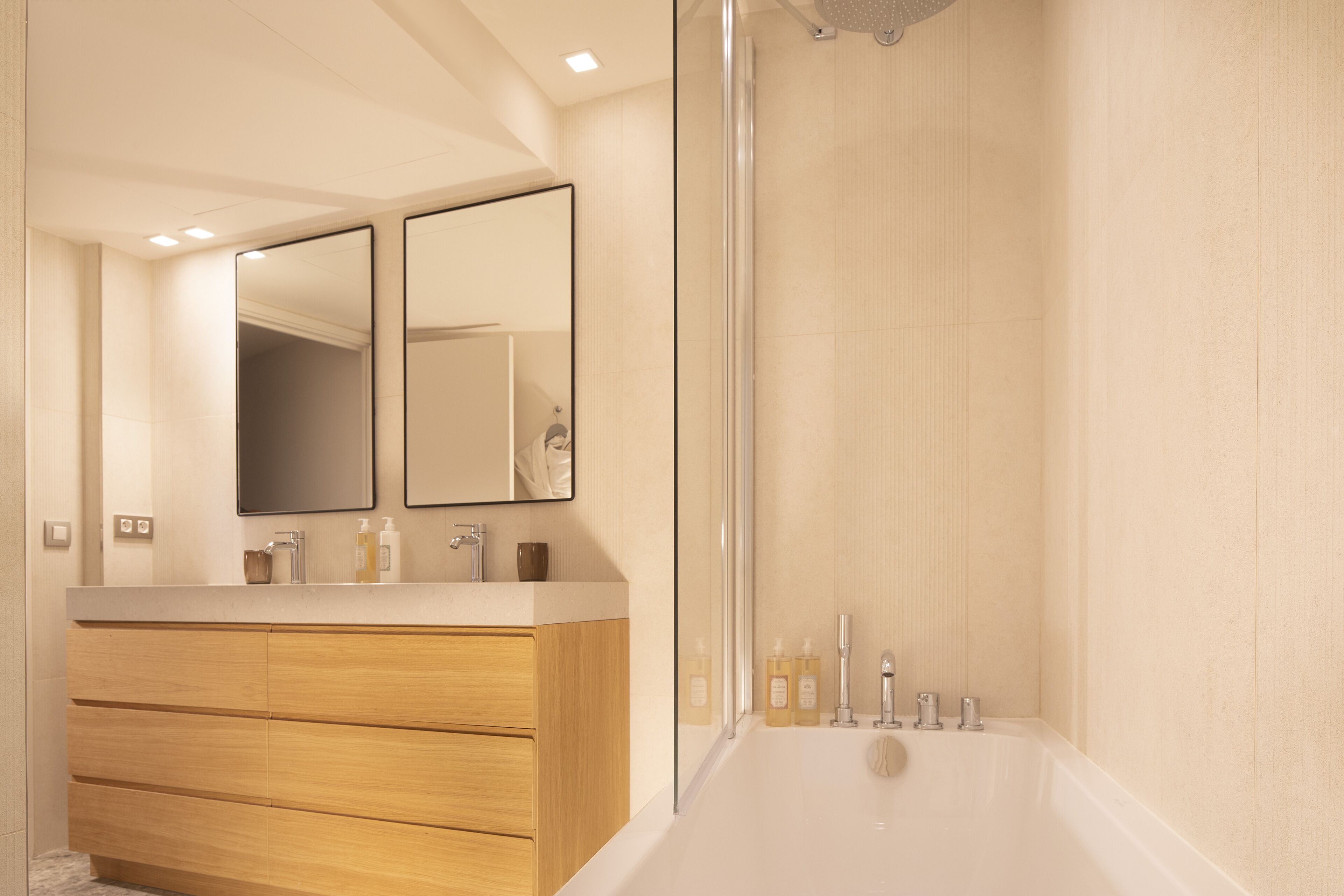 shower, rainfall showerhead, designer toiletries, hair dryer