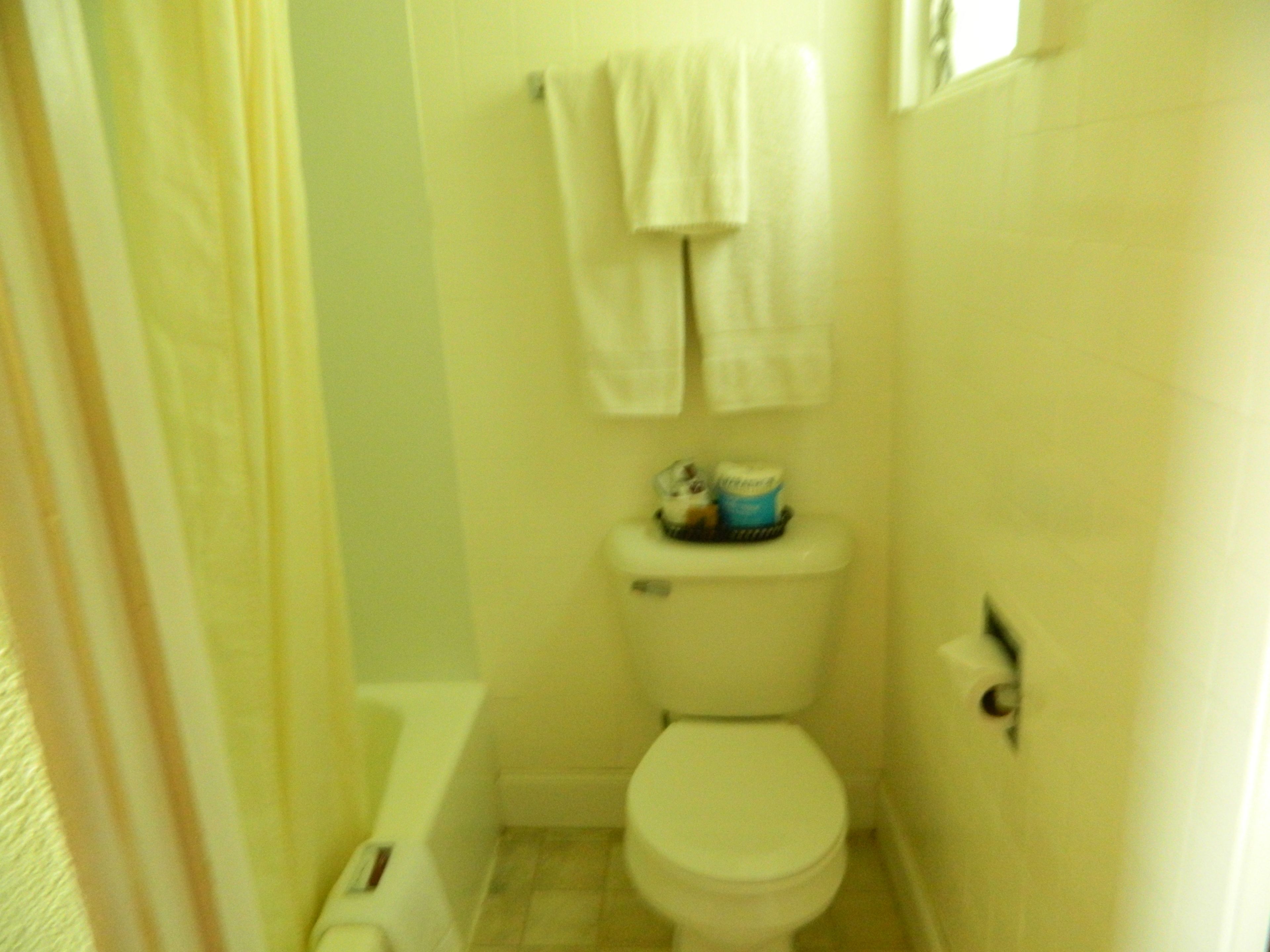 Une petite salle de bain avec des toilettes, une douche et une serviette accrochée au mur.