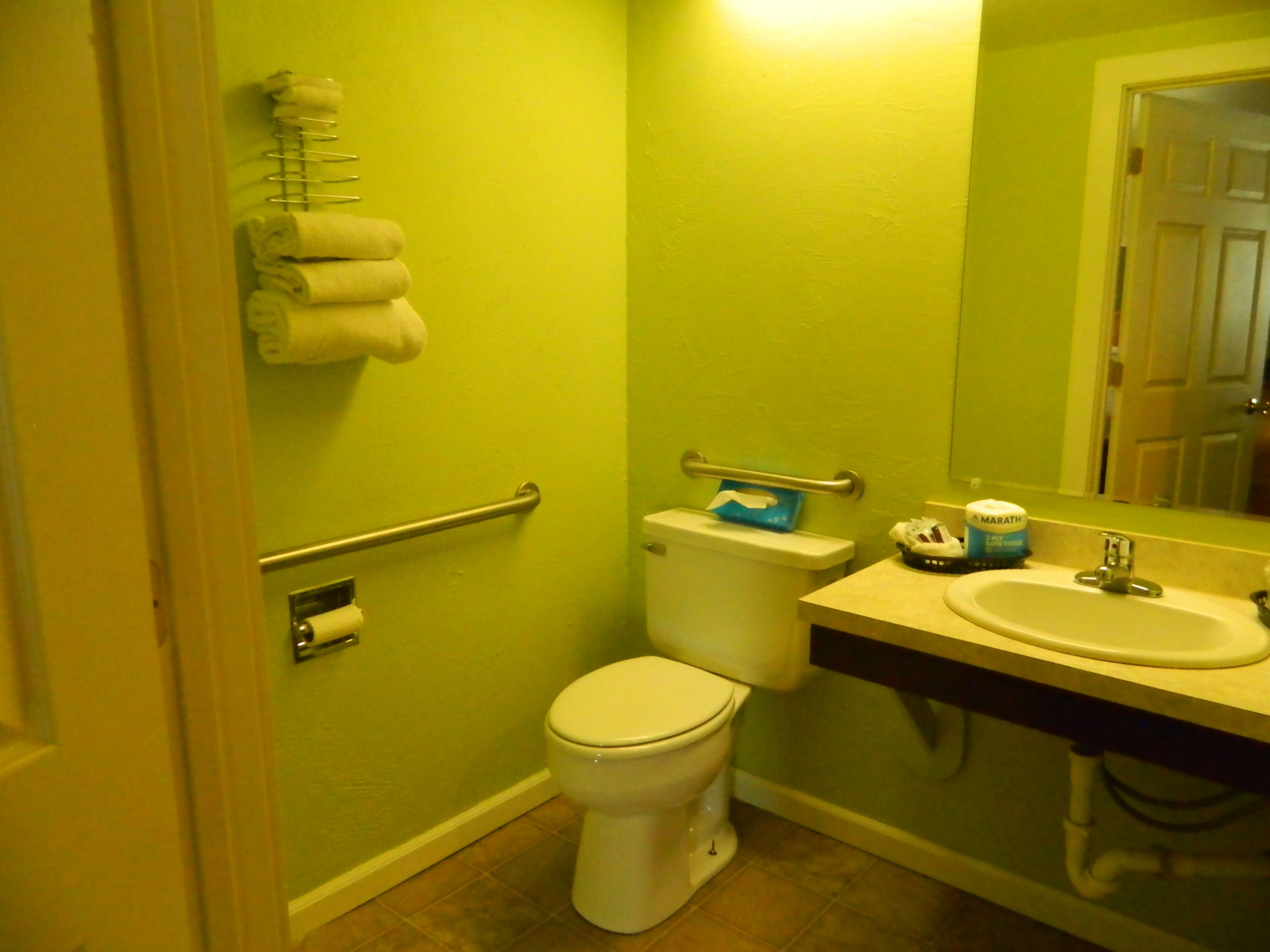 Un baño con inodoro, lavabo y espejo.
