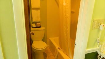 A bathroom with a toilet, a bathtub, and a shower curtain.