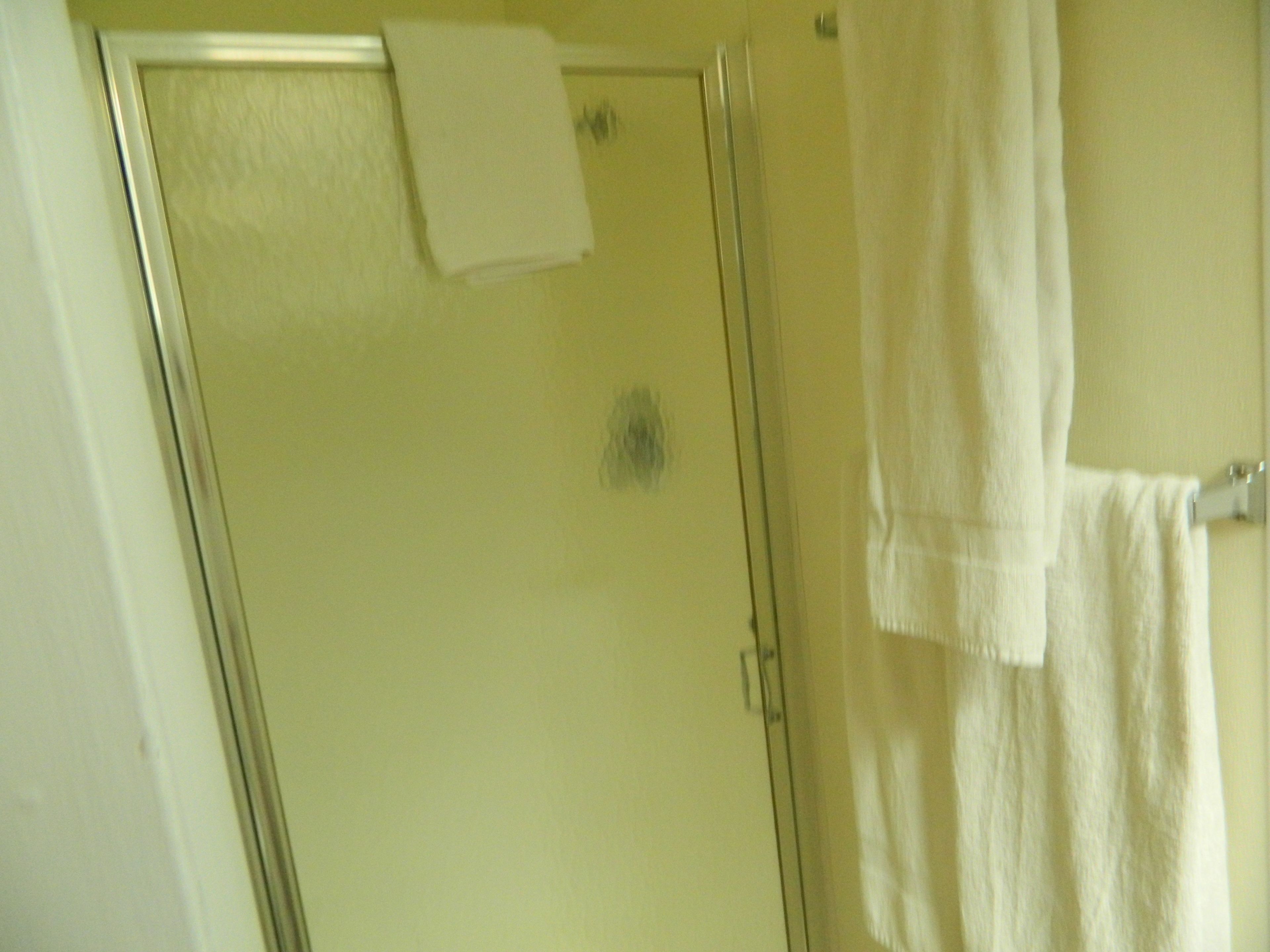 Un baño con mampara de vidrio, una toalla colgada en la pared y panel de control de la ducha a la vista.