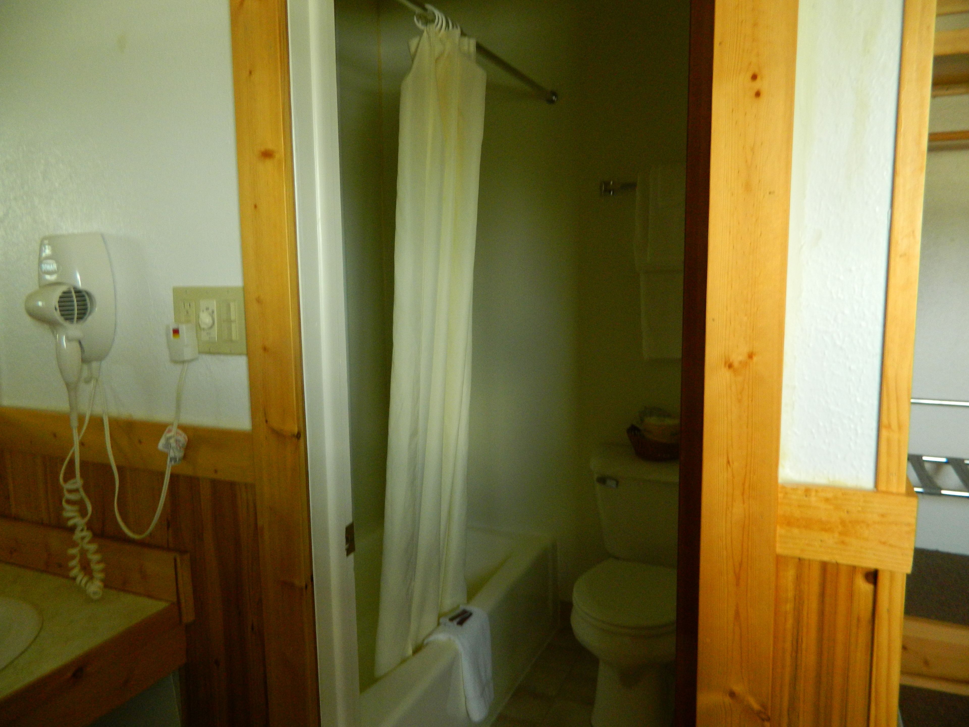 A bathroom with a white shower curtain, a white toilet, and a hairdryer plugged into a wall socket.