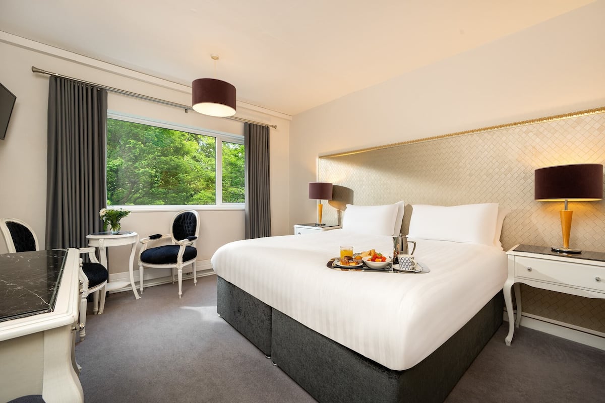 A hotel room with a large bed, a desk, two chairs, a small table with a vase, and a window with curtains.