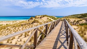 Una passera de fusta que condueix a una platja amb dunes i un cel blau clar.