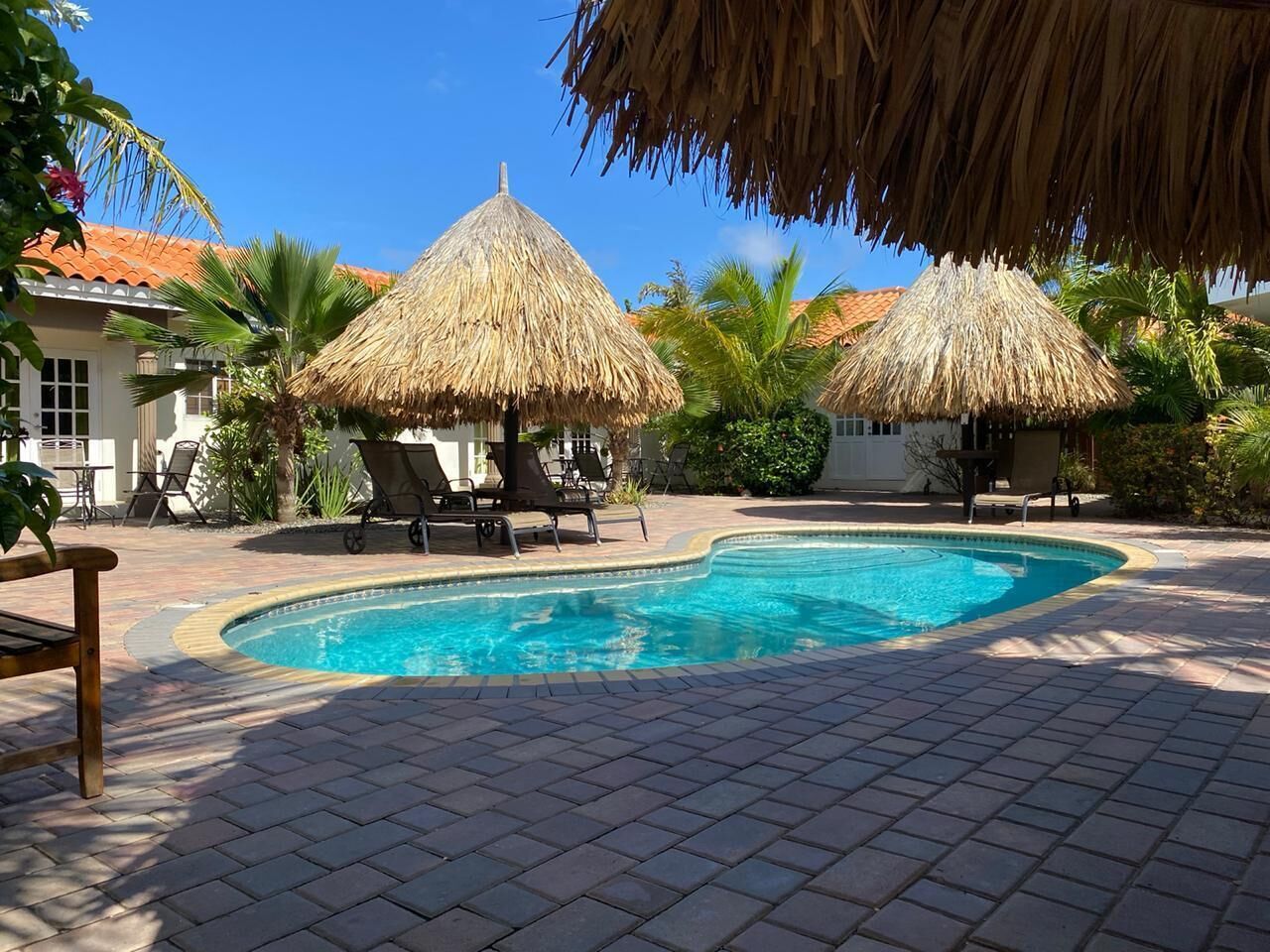 A swimming pool with lounge chairs and thatched umbrellas, surrounded by palm trees and a tiled patio.