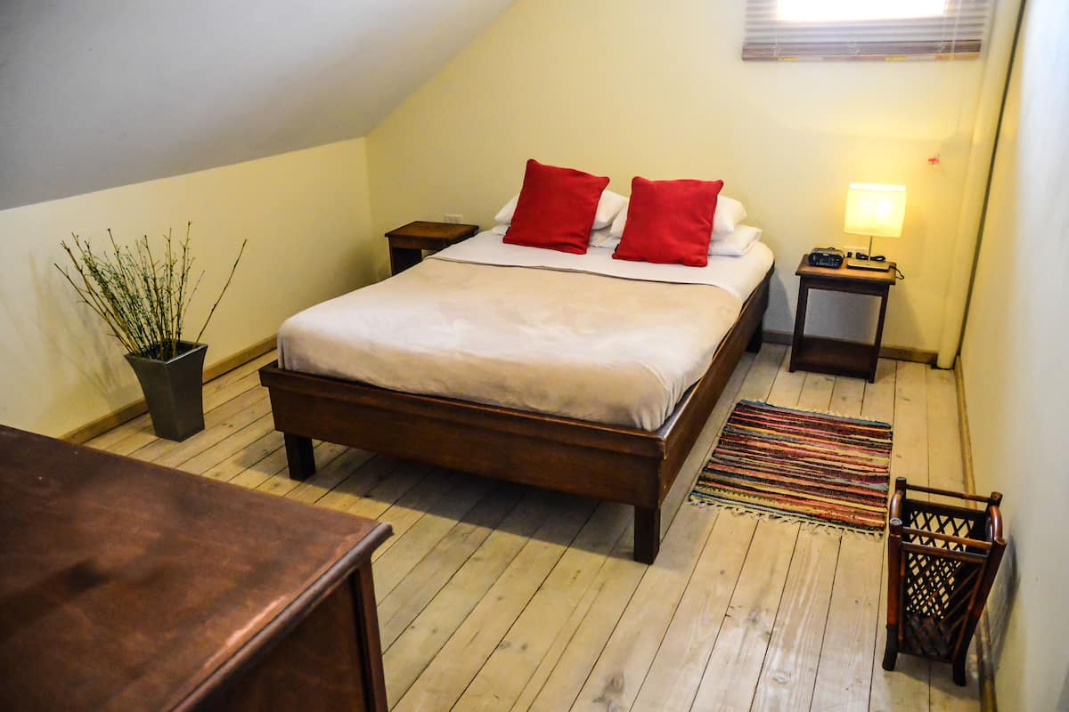 A bedroom with a wooden bed, red pillows, a bedside table with a lamp, a small plant, and a wooden chair.