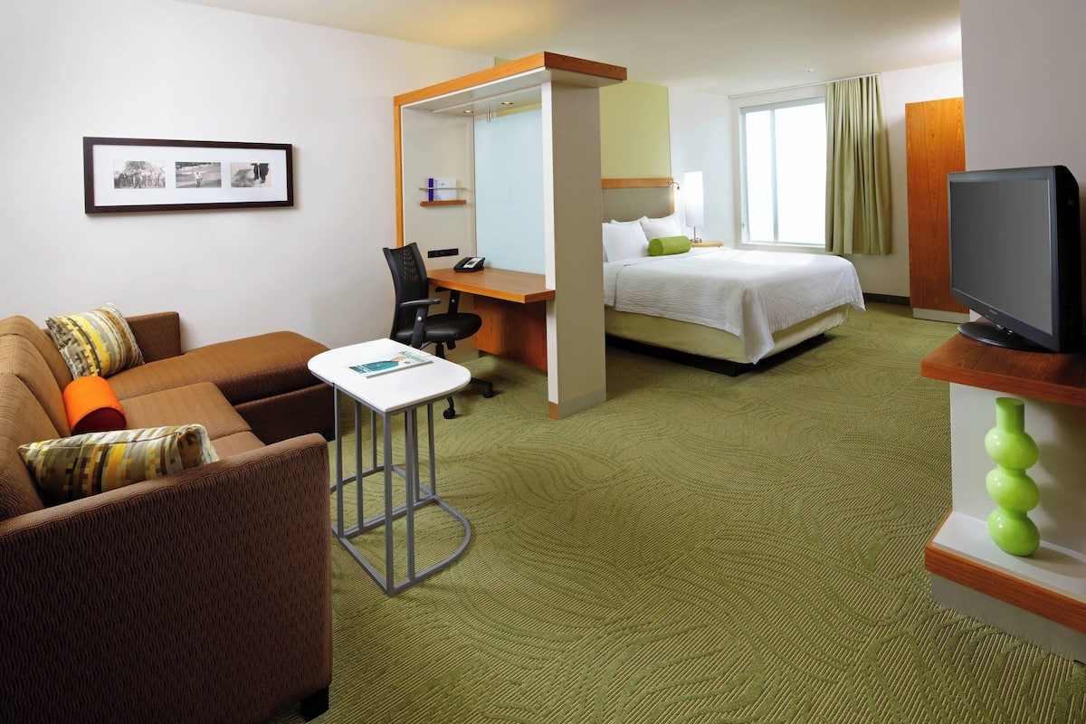 A hotel room with a bed, a desk, a chair, a television, and a framed picture on the wall.