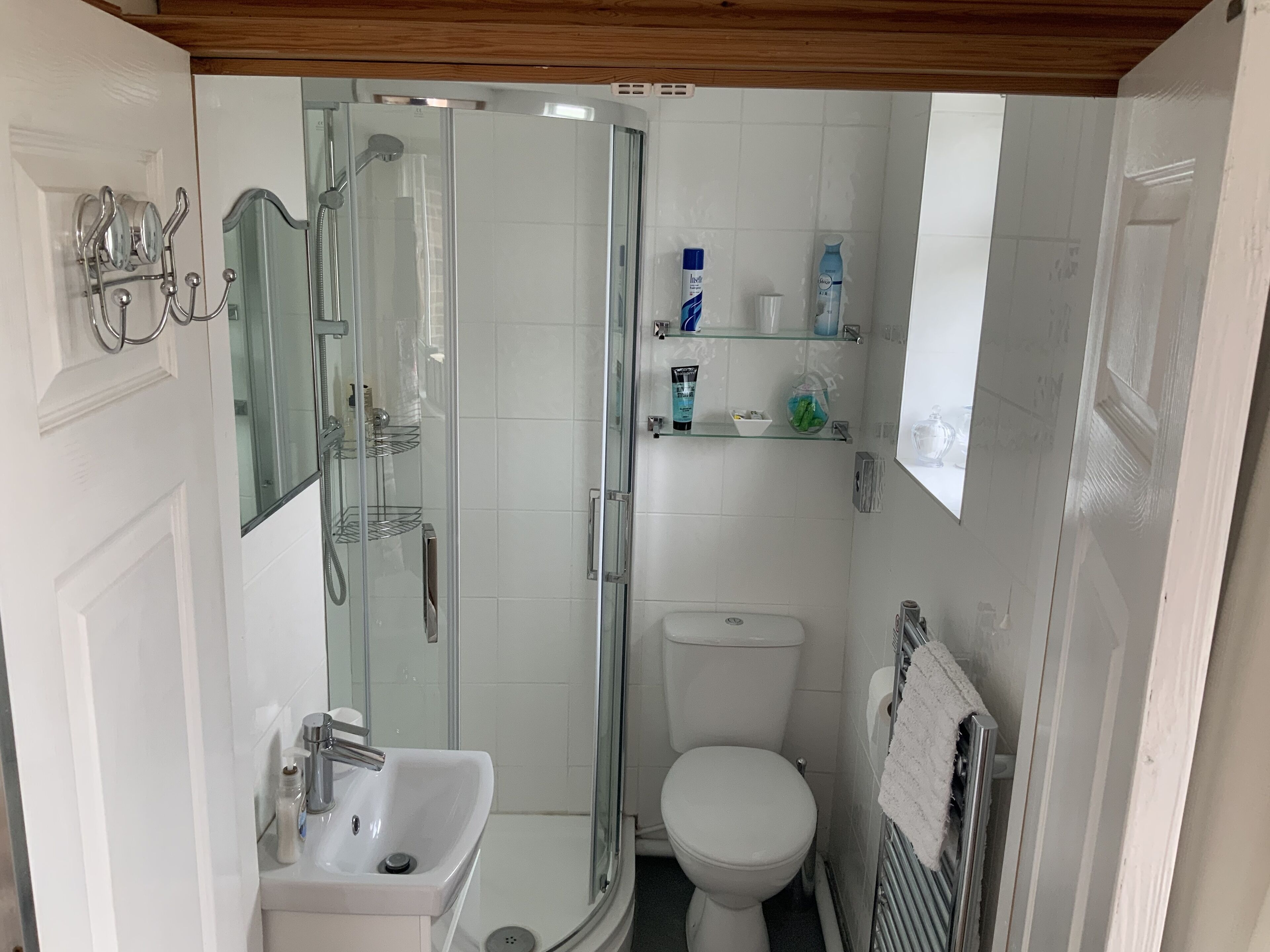 A modern bathroom with a glass-enclosed shower, a white sink, and a toilet.