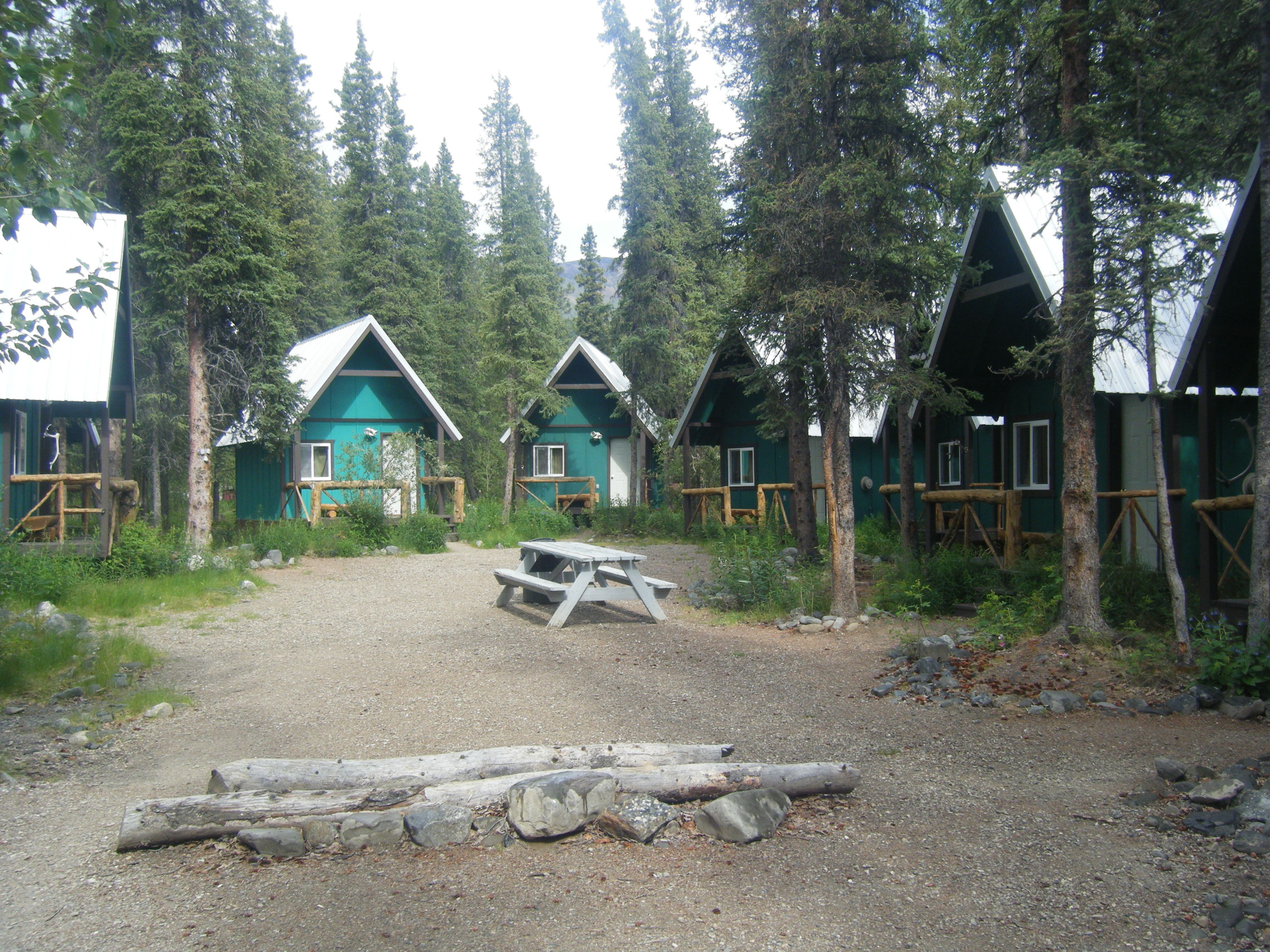 Una hilera de cabañas con un sendero de grava que conduce a una mesa de picnic.