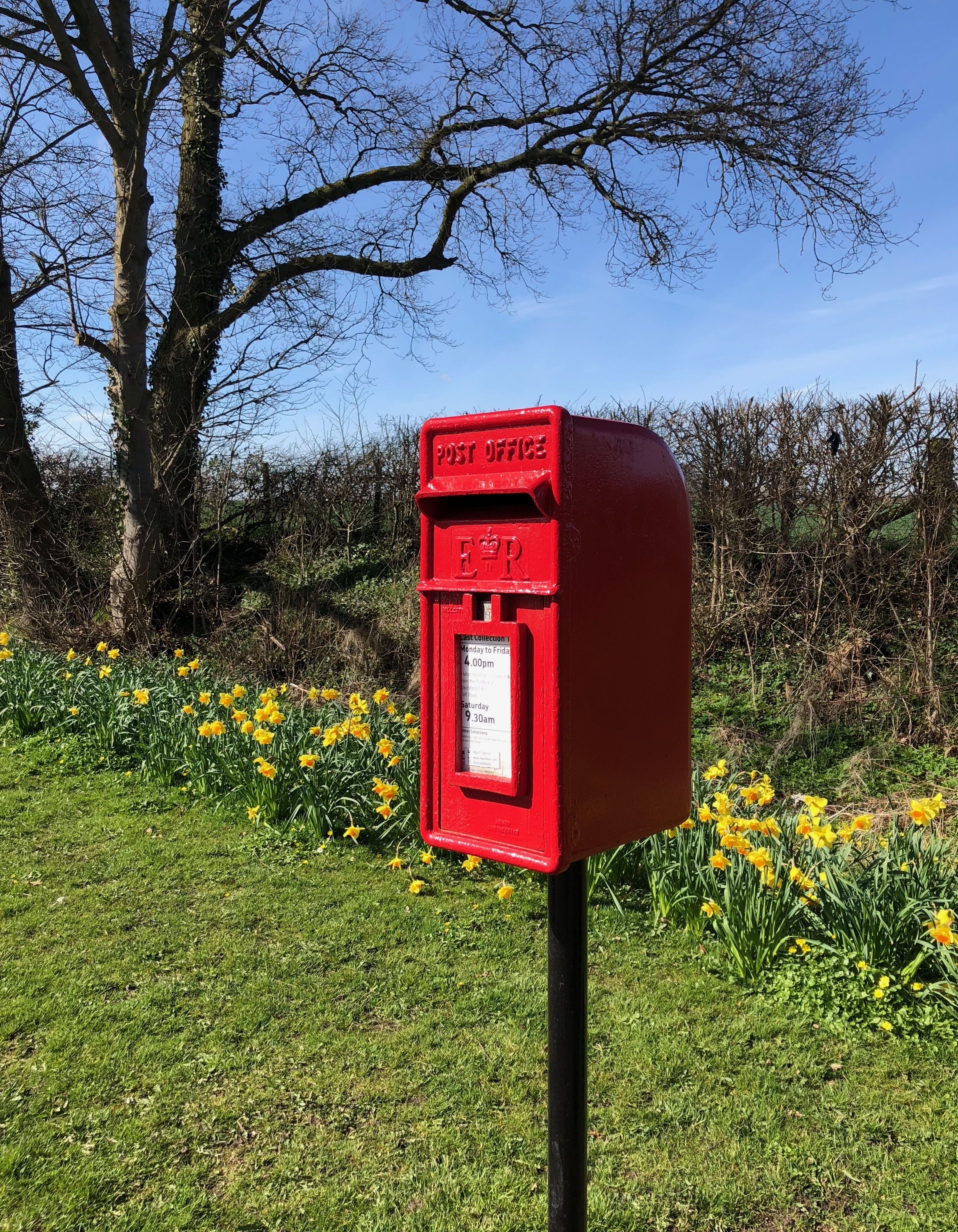 Un buzón rojo de correo con una etiqueta visible que indica su ubicación y horario de atención.