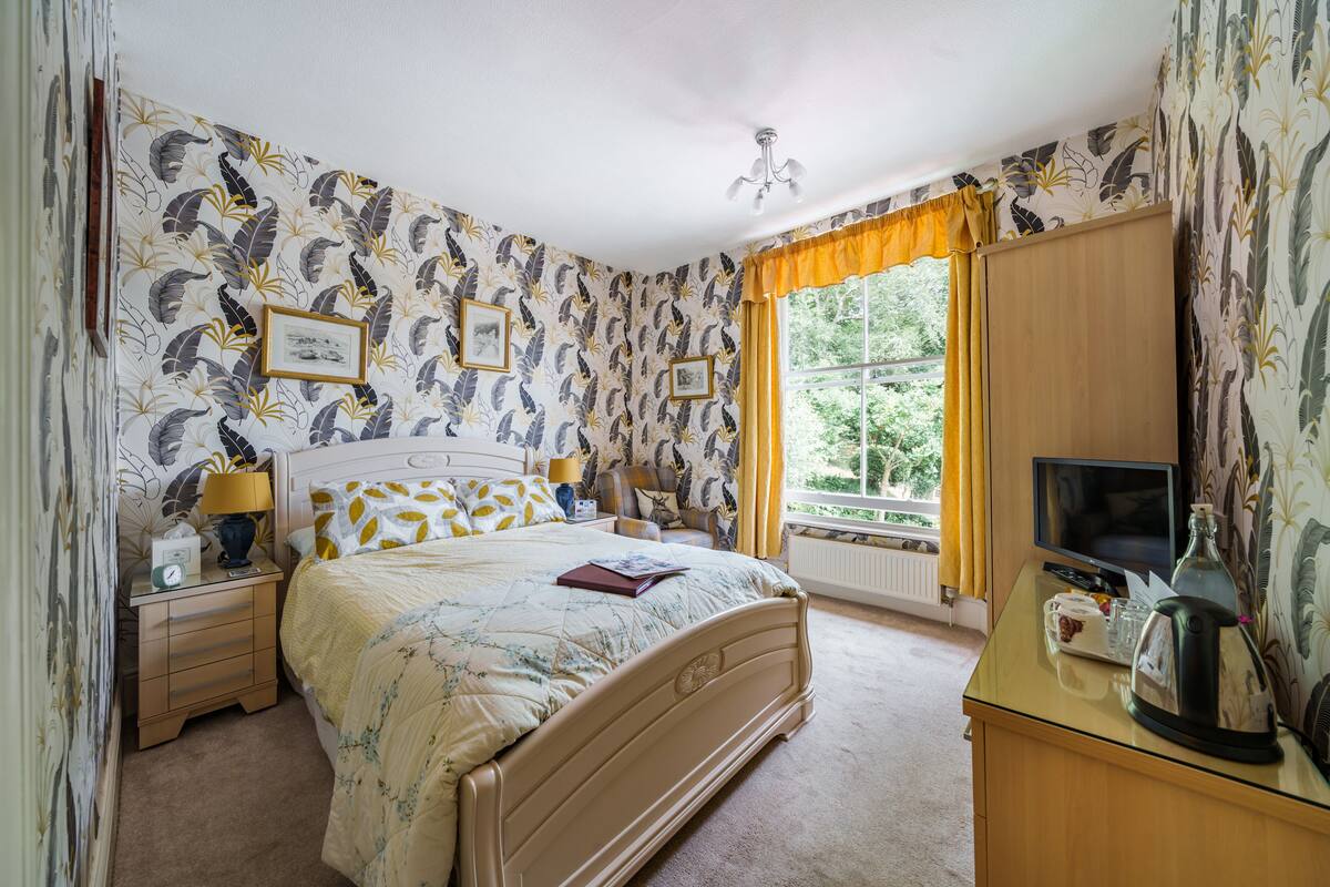 A bedroom with a bed, bedside tables, a TV, a kettle, and a window with curtains.