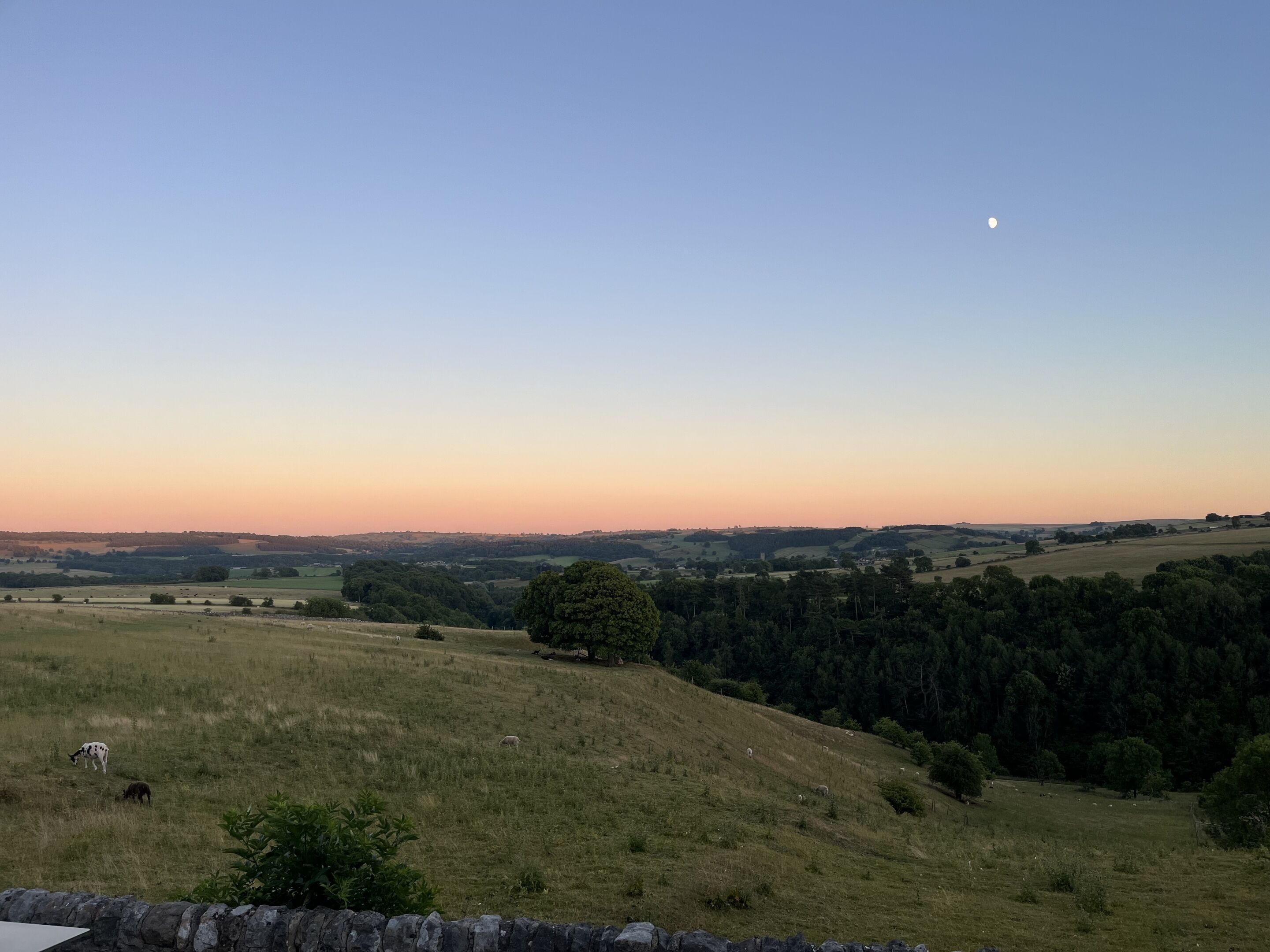 Paisaje rural con colinas onduladas, un muro de piedra en primer plano y una luna creciente en el cielo.