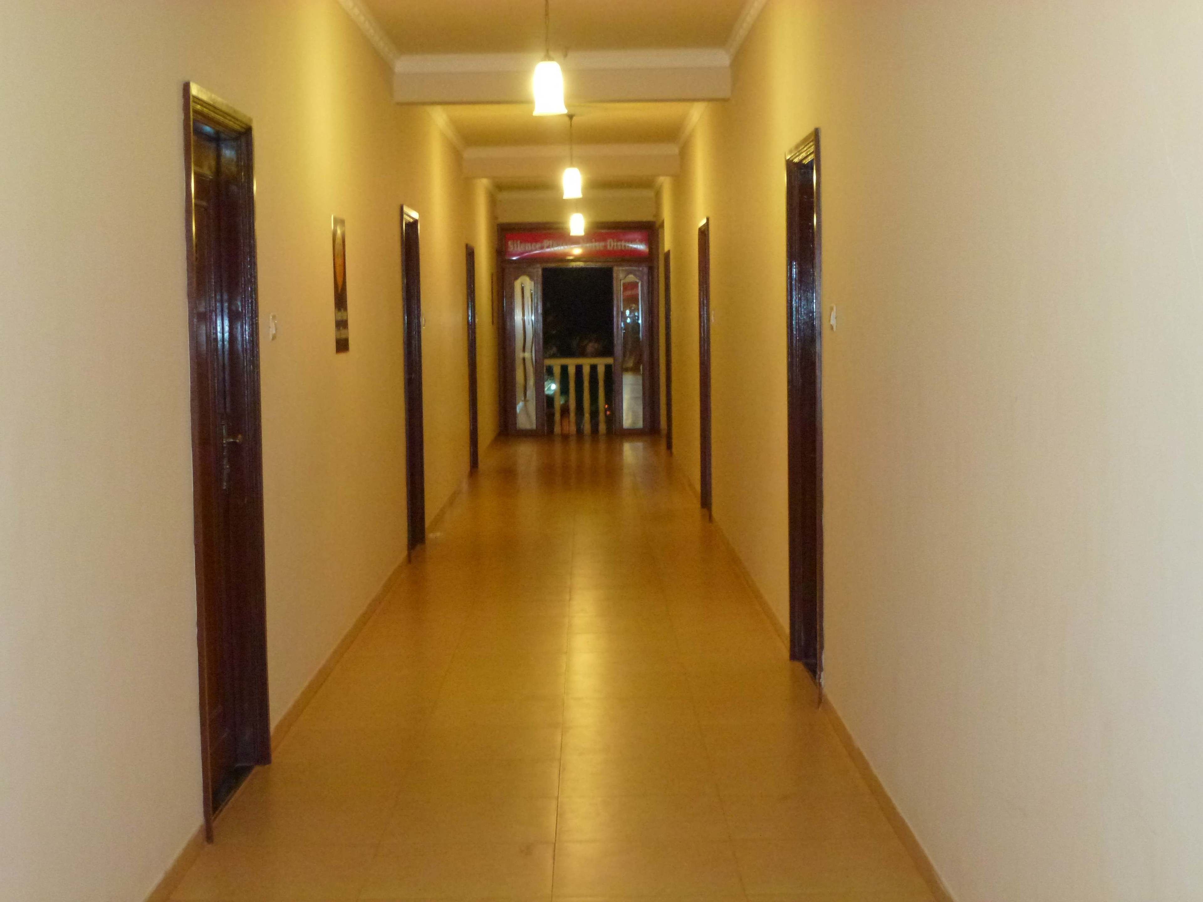A long, narrow hallway with wooden doors on either side and a light fixture above.