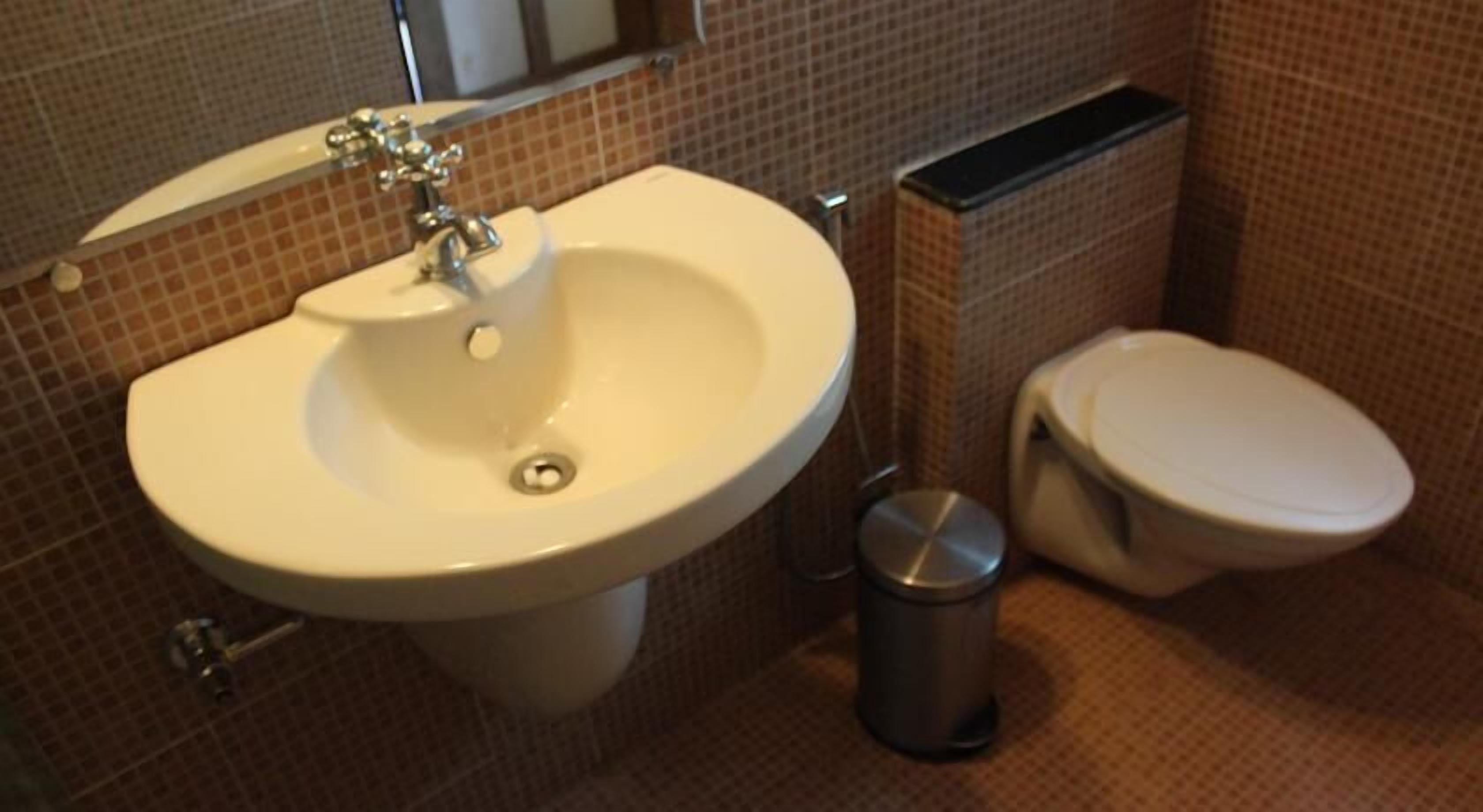 A bathroom with a sink, toilet, and trash can.