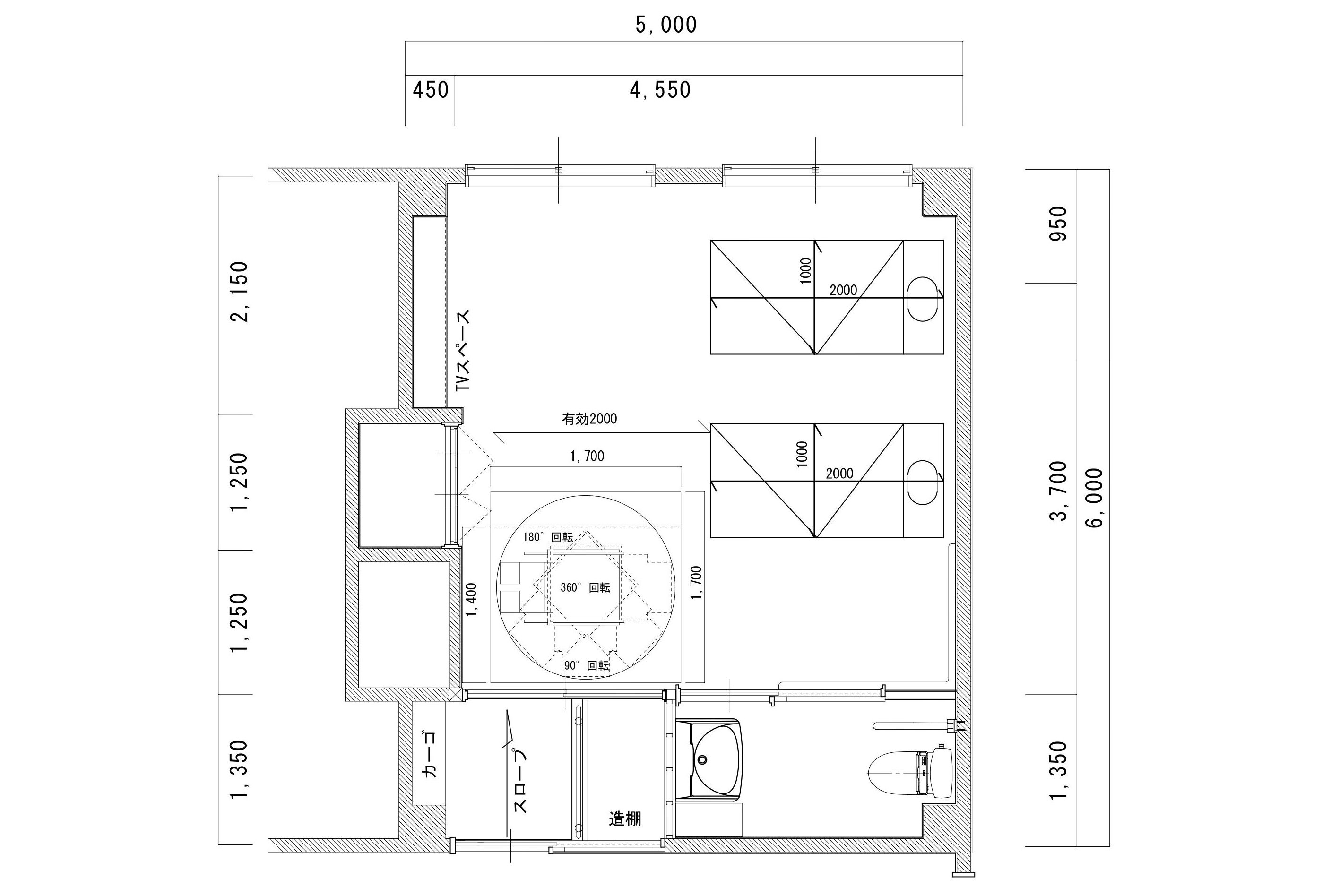 A floor plan of a hotel room with dimensions, a bathroom, and a small kitchenette.