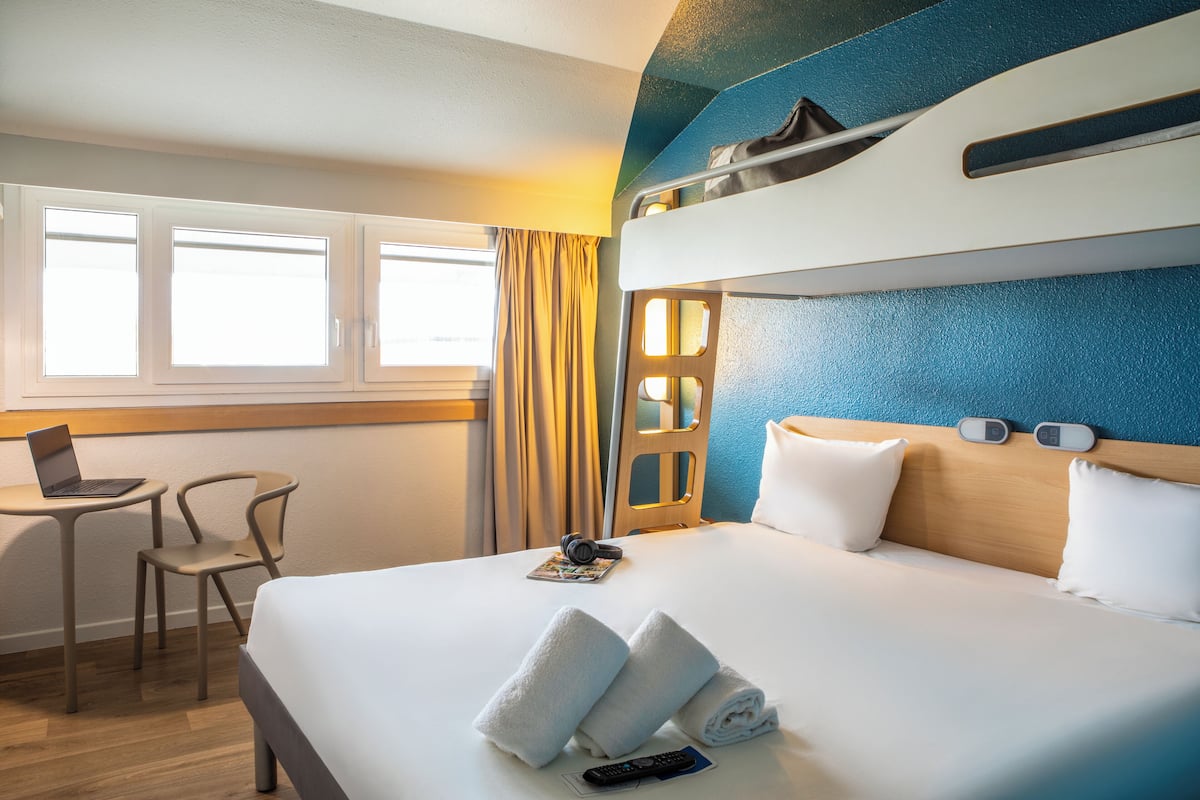 Desk, laptop workspace, blackout curtains, soundproofing