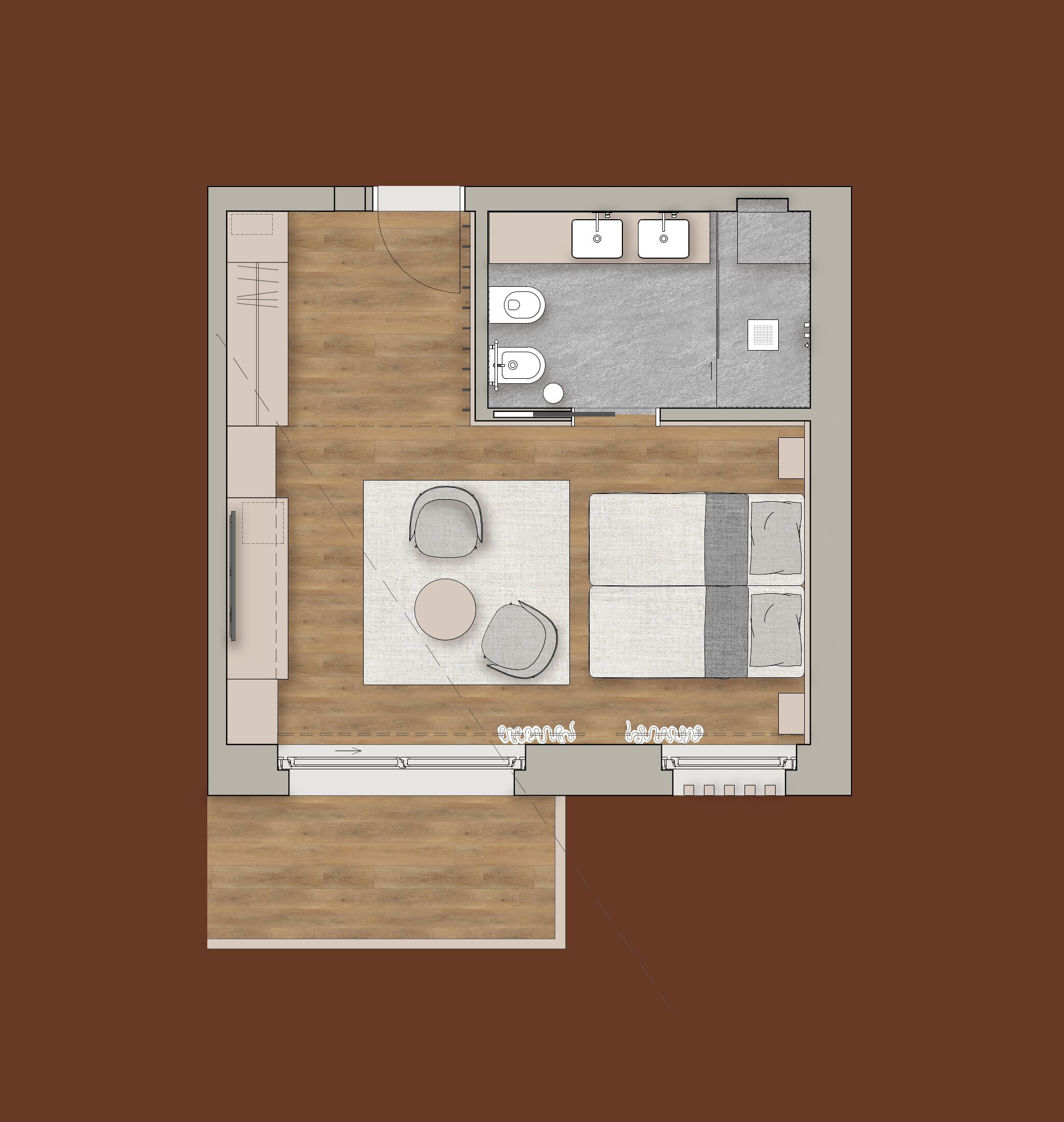 Plano de un cuarto de hotel con kitchenette, una zona de comedor con una mesa redonda y sillas, un sofá y un baño pequeño.