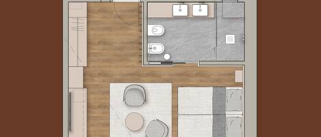 Plano de un cuarto de hotel con kitchenette, una zona de comedor con una mesa redonda y sillas, un sofá y un baño pequeño.