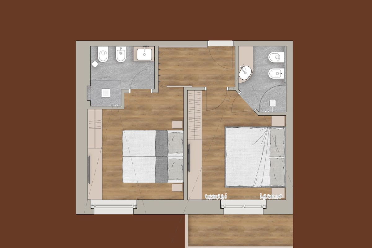 Distribución de un hotel con zona de dormitorio central, baño, kitchenette y comedor.