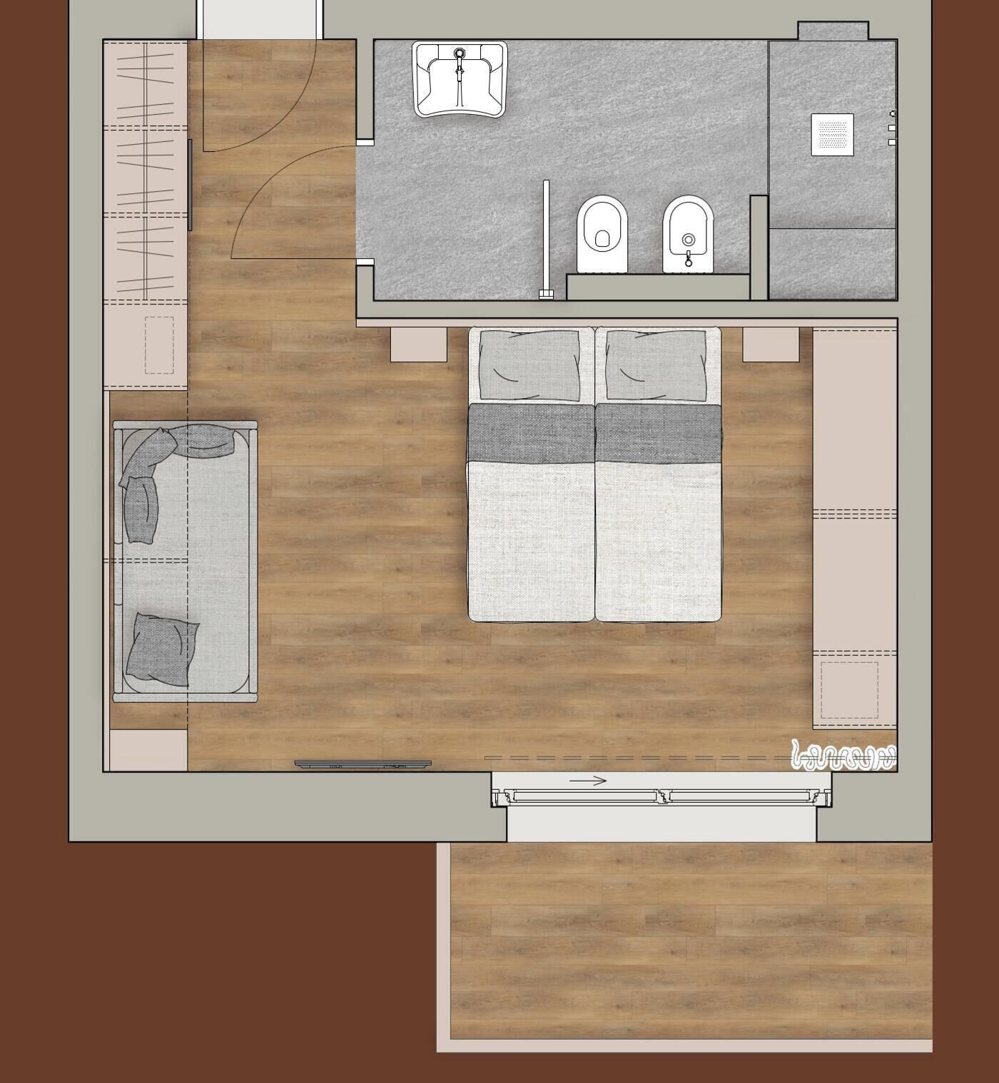 Plano de un cuarto de hotel con cama, dos mesitas de noche, un baño con inodoro y lavamanos, y una pequeña zona de estar con una silla y una mesa.