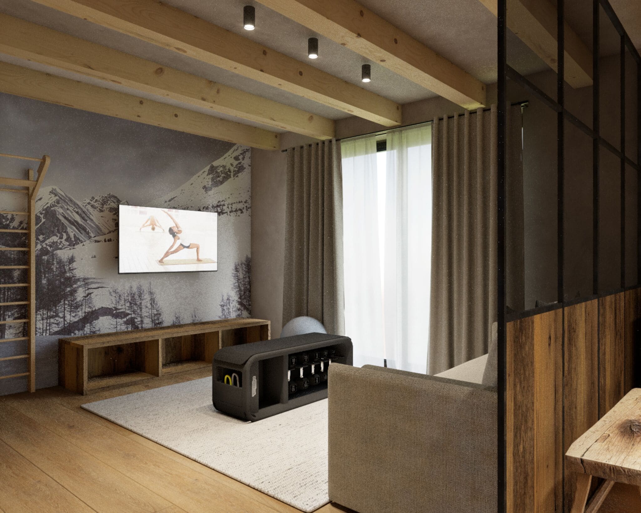 Gym Suite | Living area | 26-inch TV with satellite channels