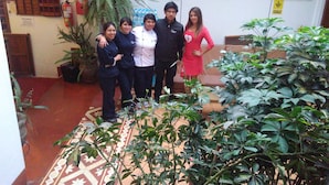 A group of people in a room with a patterned floor, a large potted plant, and a wall-mounted decorative item.