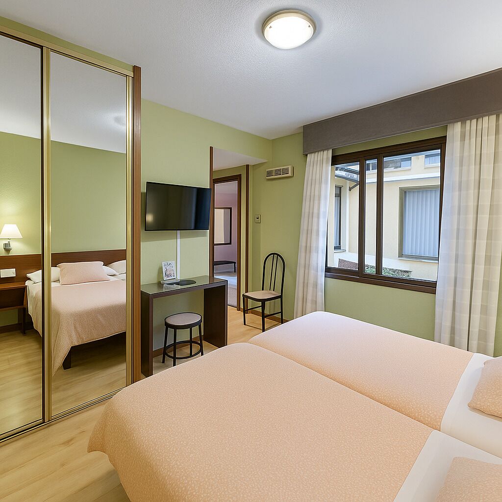 A hotel room with a bed, a desk with a chair, a TV, and a window with curtains.