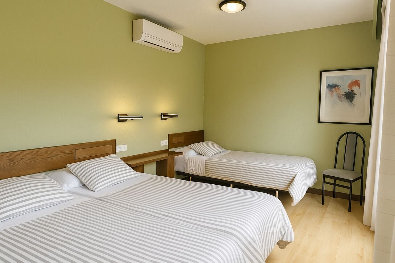 A hotel room with two beds, a nightstand, an air conditioning unit, a chair, and a painting on the wall.