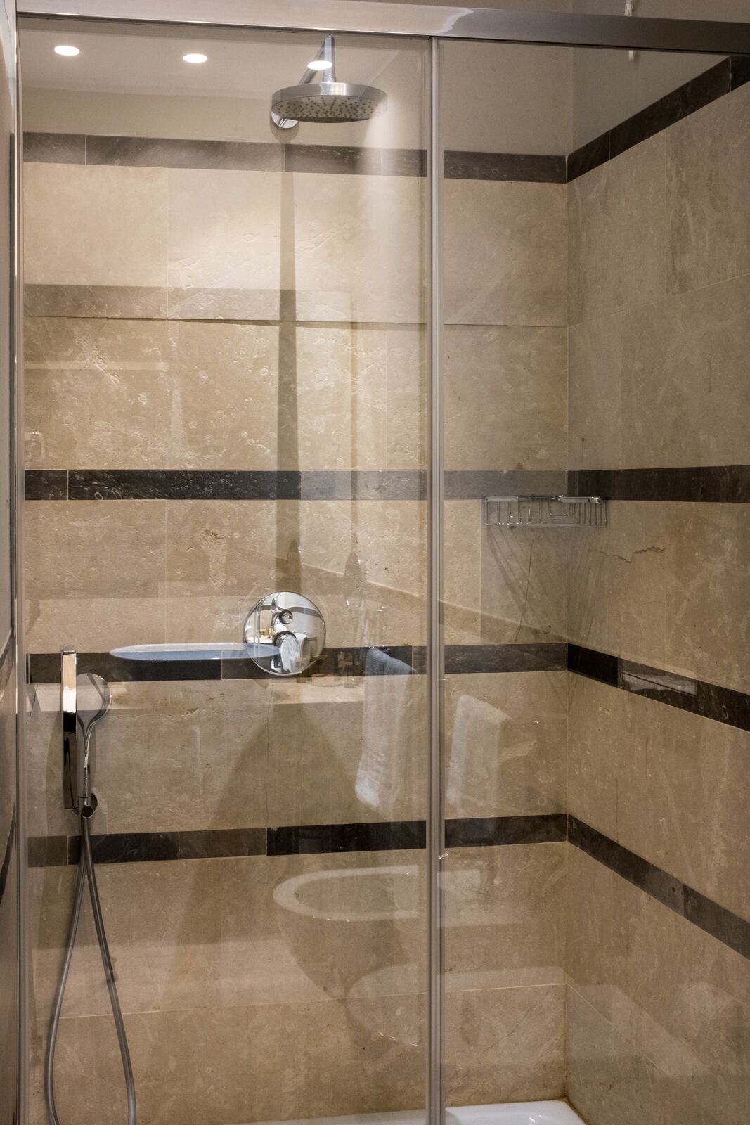 Eine begehbare Dusche mit Glastür, Duschkopf und Handbrause.