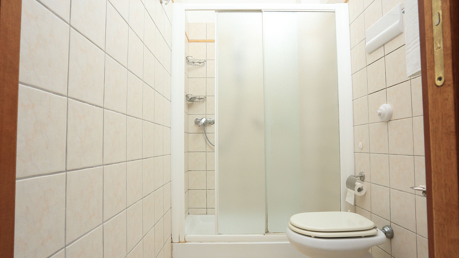 A small bathroom with a toilet, a shower stall, and tiled walls.