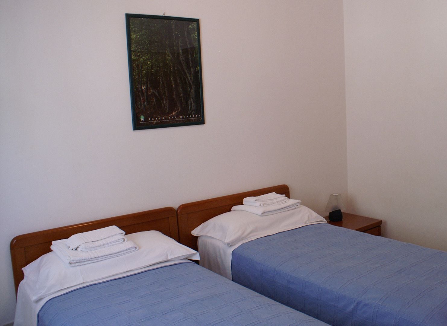 A hotel room with two single beds, each with a blue bedspread and white pillows. There is a framed picture on the wall above the beds.