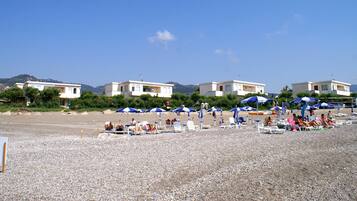 Private beach, sun-loungers, beach umbrellas, windsurfing