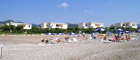 Privatstrand, Liegestühle, Sonnenschirme, Windsurfen